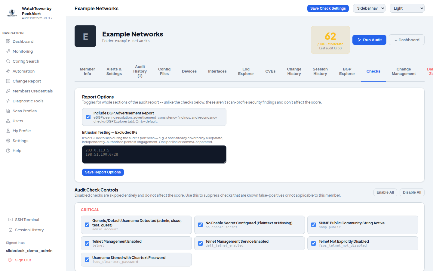 The audit check library for a demo member, grouped by severity, each individually toggleable