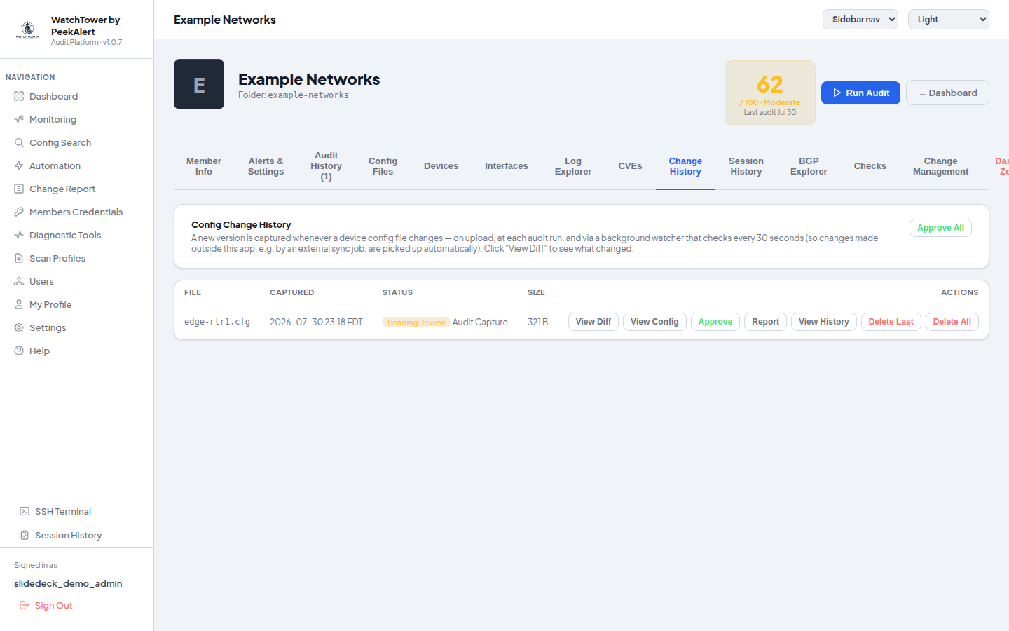 Config Change History for a demo device, showing a pending-review config version awaiting approval
