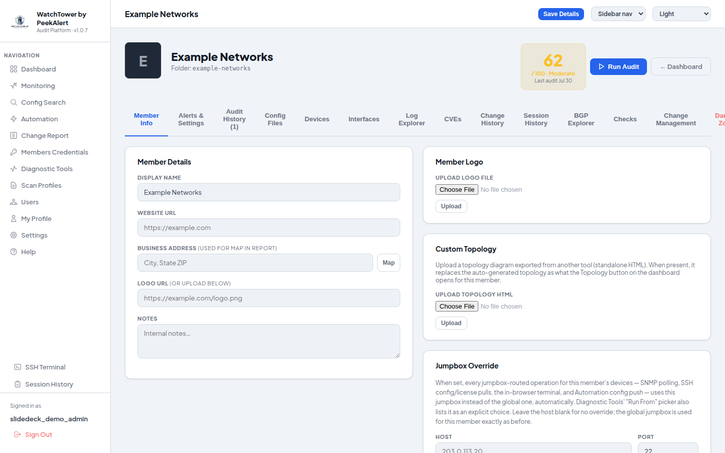 WatchTower member page for a demo network (“Example Networks”) showing the audit score and full tab set